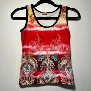 Y2K Paisley Fitted Tank Top Small Red Stretch Made in USA
